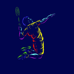 Badminton man smash shot vector silhouette line pop art potrait logo colorful design with dark background. Abstract vector illustration.