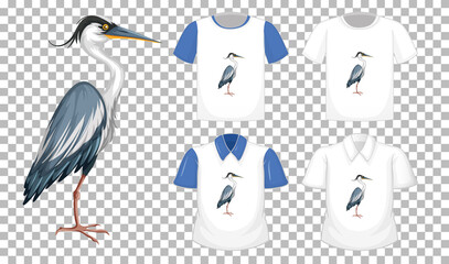 Wall Mural - Stork bird in stand position cartoon character with many types of shirts on transparent background