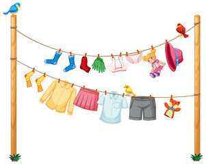 Isolated clothes hanging on clothesline on white background