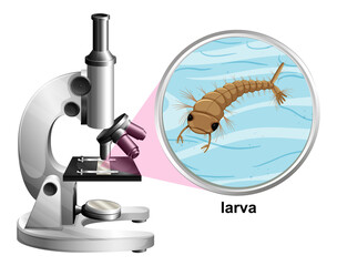 Poster - Microscope with larva mosquito on white background