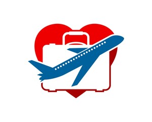 Canvas Print - Love shape with travel bag and flying plane inside