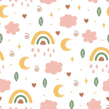 Seamless Pattern With Moon, Cloud And Rainbow In The Sky.