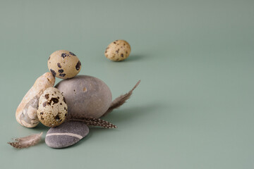 Wall Mural - Quail eggs, round stones and feathers lie on a pastel blue background, close-up. Natural modern Easter background. Creative minimalistic Easter concept