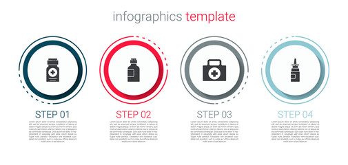 Poster - Set Medicine bottle, Bottle of medicine syrup, First aid kit and nasal spray. Business infographic template. Vector