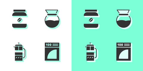 Sticker - Set Coffee paper filter, jar bottle, French press and Pour over coffee maker icon. Vector