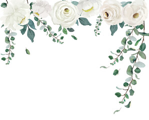 White roses and green leaves chain curtain over white background - watercolor illustration artwork nature backdrop concept