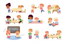 Kids Spending Time Together Playing Toys And Game In Kindergarden Vector Set