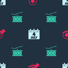 Set USA Independence Day, Calendar With Date July 4 And Drum And Drum Sticks On Seamless Pattern. Vector