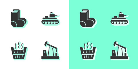 Canvas Print - Set Oil pump or pump jack, Valenki, Sauna bucket and Military tank icon. Vector