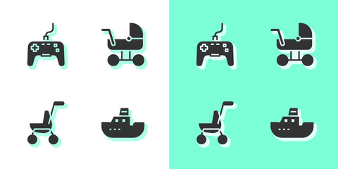 Canvas Print - Set Toy boat, Gamepad, Baby stroller and icon. Vector