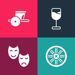 Poster - Set pop art Old wooden wheel, Comedy and tragedy masks, Wine glass and Ancient chariot icon. Vector