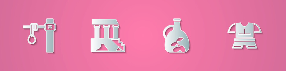 Sticker - Set paper cut Gallows, Parthenon, Bottle of olive oil and Body armor icon. Paper art style. Vector