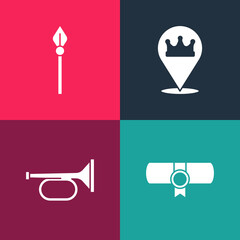 Wall Mural - Set pop art Decree, parchment, scroll, Trumpet, Location king crown and Medieval spear icon. Vector