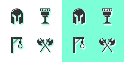 Canvas Print - Set Crossed medieval axes, Medieval iron helmet, Gallows and goblet icon. Vector