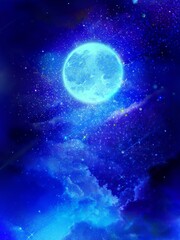landscape of blue full moon in starry space