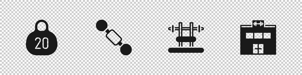 Sticker - Set Kettlebell, Dumbbell, Bench with barbel and Gym building icon. Vector