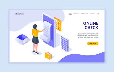 Wall Mural - online check landing page website banner template. vector isometric illustration of modern woman rea
