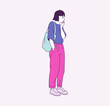 © MINIWIDE - A girl is standing with a shoulder bag. hand drawn style vector design illustrations.