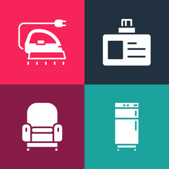 Wall Mural - Set pop art Refrigerator, Armchair, Identification badge and Electric iron icon. Vector