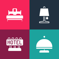 Canvas Print - Set pop art Covered with tray, Signboard text Hotel, Table lamp and Bedroom icon. Vector