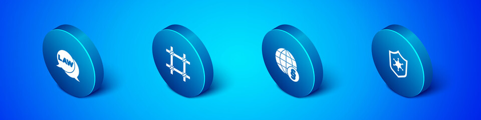 Set Isometric Law, International law, Police badge and Prison window icon. Vector