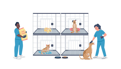 Wall Mural - Veterinarian with dogs in cages flat color vector detailed characters. Man and woman feed puppies. Pet care organization isolated cartoon illustration for web graphic design and animation