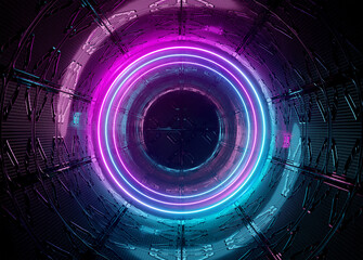 neon style circle mockup in futuristic piping. blue and pink modern hologram illuminated by lights i