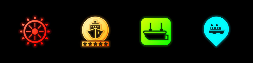 Poster - Set Ship steering wheel, Cruise ship, Lifeboat and Location with cruise icon. Vector