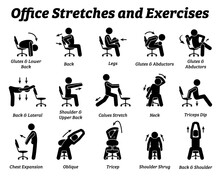 Working Office Stretches And Exercises To Relax Tension Muscle. Vector Illustrations Depict Techniques And Postures Of A Man Stretching With An Office Chair At Workplace.