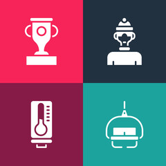 Wall Mural - Set pop art Ski lift, Meteorology thermometer, Winter athlete and Award cup icon. Vector