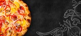 Fototapeta  - Delicious Italian pizza with painted food ingredients. Cooking background concept.