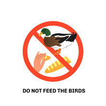 Prohibition Sign With Text Do Not Feed The Birds And Hand Giving Bread To Duck. Isolated On White Background. Stock Vector Illustration.