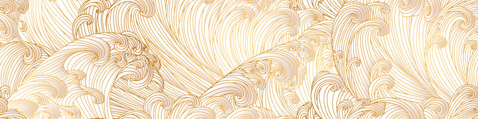 Line art design of waves, mountain, modern hand-drawn vector background, gold ink pattern. Minimalist Asian style.