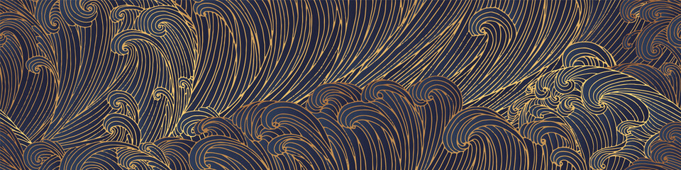Line art design of waves, montain, modern hand-drawn vector background, gold ink pattern. Minimalist Asian style.