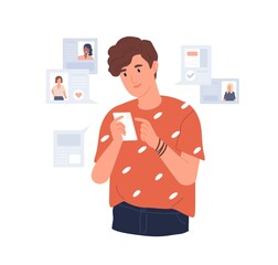 Young man looking for girlfriend through mobile phone dating app. Guy with smartphone chatting, flirting and liking online. Colored flat vector illustration isolated on white background