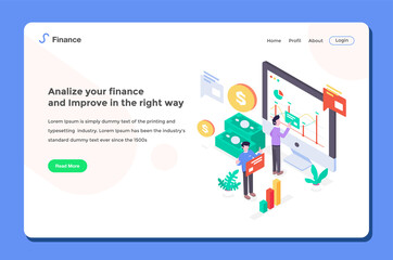  User interface Landing Page Workers doing Financial Analysis with diagram cash flow money dollar profit and loss isometric flat design style