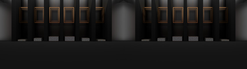 Wall Mural - empty space black color room with gap and glowing light. there was a pedestal between wall cavity wi