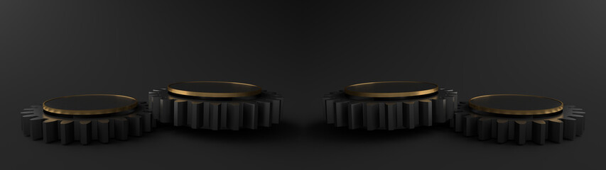Wall Mural - 3d rendering. minimal abstract scene with pedestal is a gears with a golden border. podium for displ