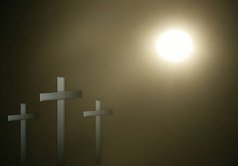 Wall Mural - Three crosses with full moon and darkness background, Easter or Resurrection concept, space for the text, design style.