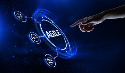 Agile software development SCRUM methodology technology concept. Hand pressing button on screen