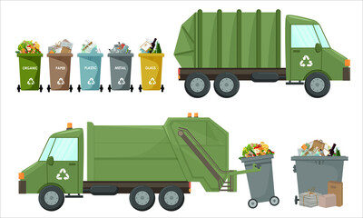 Waste collection and transportation vehicles. Garbage removal. Garbage containers, boxes and bags. Various containers for sorting waste. Vector illustration in flat style