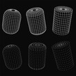 Set cylinders of dots and grid isolated on black color. Technology abstract art background. Collection of minimalistic geometric design sci-fi elements. Vector futuristic digital concept.