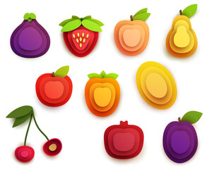 Wall Mural - Collection cartoon icon fruits in layer paper cut style isolated on white background. Figs, apple, pear, cherry, melon, strawberry, peach, pomegranate, persimmon, plum. Vector colorful element.