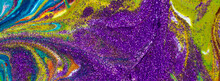 Multicolored Banner Acrylic Background Sprinkled With Purple Sequins. Contemporary Creativity. Colorful Avant-garde Rich Texture. A Background Made Up Of Many Shapes And Materials.