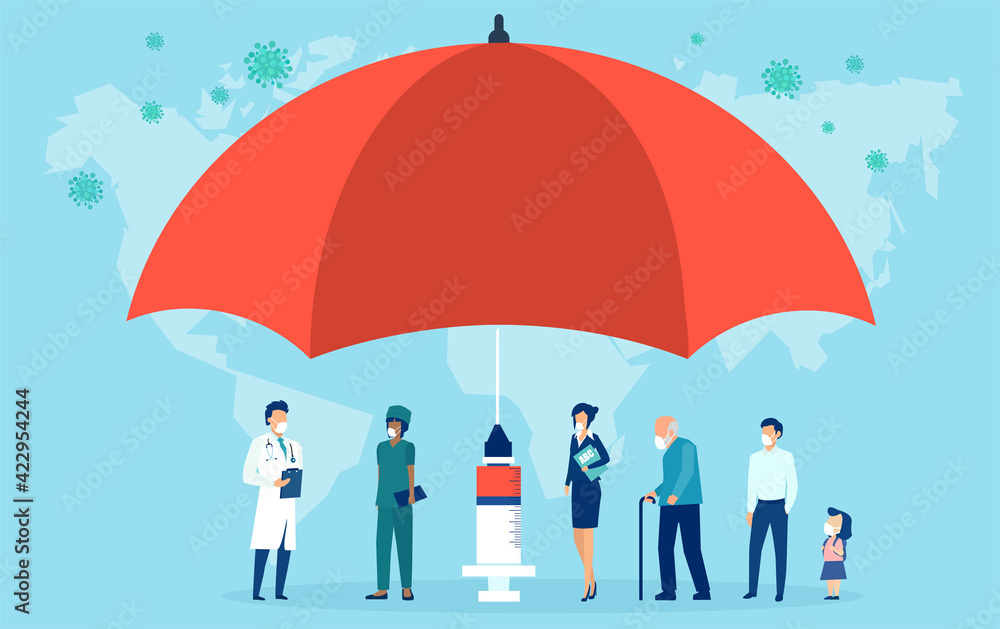 Vaccination concept. Vector of an umbrella shaped syringe with vaccine for COVID-19 and group of people waiting in line - obrazy, fototapety, plakaty 