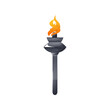 Burning torch in metal stick, fire symbol of peace isolated icon. Vector flaming torch medieval competitions mascot. Bright sparkling flare, flambeau cresset symbol of olympic sport, liberty freedom