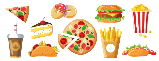 Wall Mural - Cartoon set with american fast food. Junk food colorful on white background. Colorful set with burger, hot dog, pizza, taco, donut, sandwich, sauce, coffee, soda. Takeaway food design. Vector. Flat