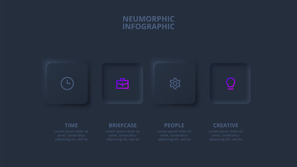 Dark neumorphic element for infographic. Template for diagram, graph, presentation and chart. Skeuomorph concept with 4 options, parts, steps or processes