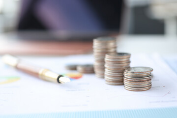 Wall Mural - Coins and ballpoint pen lying on document with graph closeup