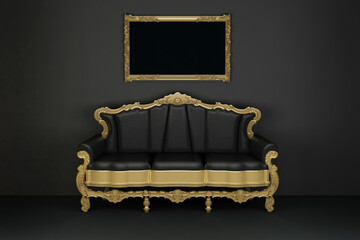 Wall Mural - luxury black leather three-seater sofa with gold picture frame